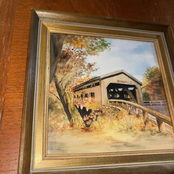 Framed Ceramic? Art Bissell Covered Bridge Charlemont Massachusetts New England - Picture 4 of 7